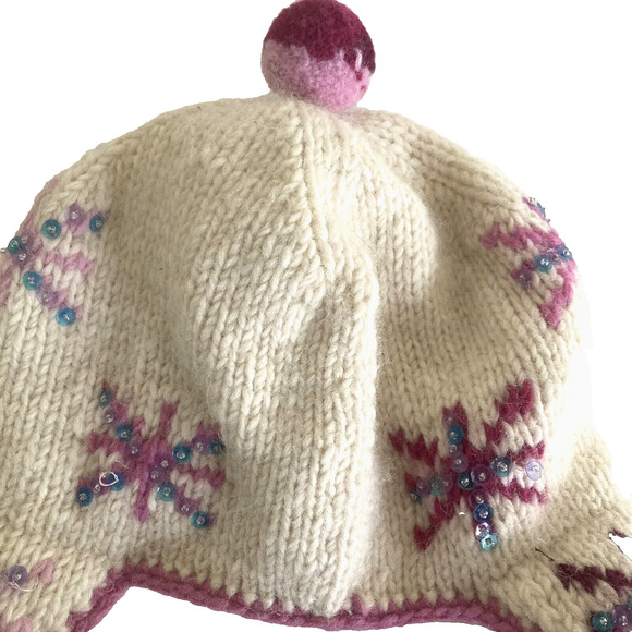 Everest Designs Ear Flap Hat Girls Wool Winter Hat Pompom Snow Star Pink Pastels - Picture 3 of 13